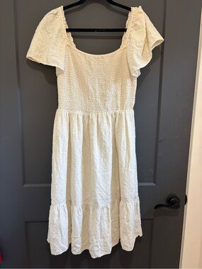 GAP Cream Smocked Midi Dress with Flutter Sleeves